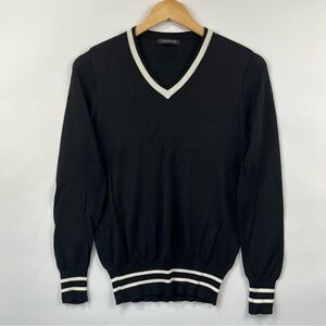 Black V Neck Knit Sweater White Stripe Trim Long Sleeve Preppy Classic Size M
